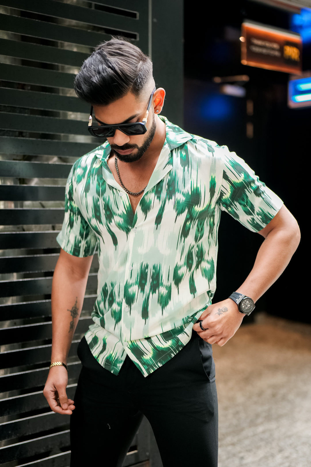 Green Matrix Print Super Soft Premium Cuban Collar Half Sleeve Shirt