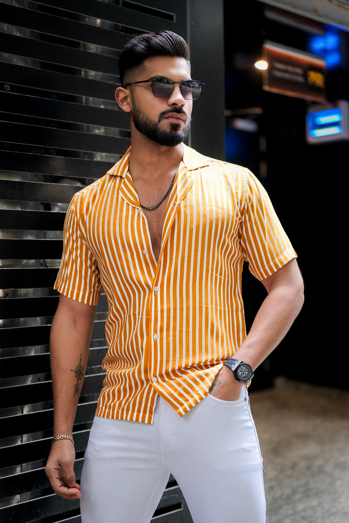 Yellow Striped Print Super Soft Premium Cuban Collar Half Sleeve Shirt