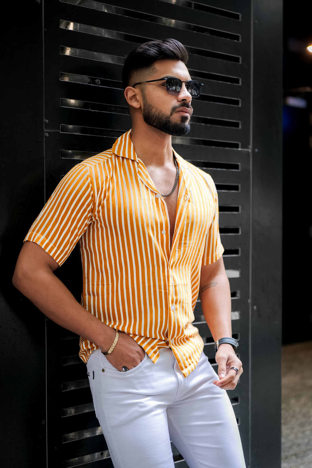 Yellow Striped Print Super Soft Premium Cuban Collar Half Sleeve Shirt