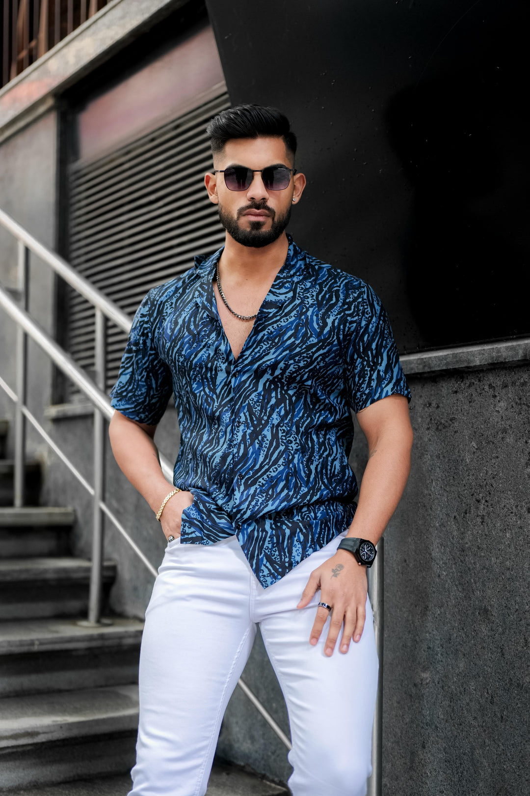 Navy Blue Abstract Print Super Soft Premium Cuban Collar Half Sleeve Shirt