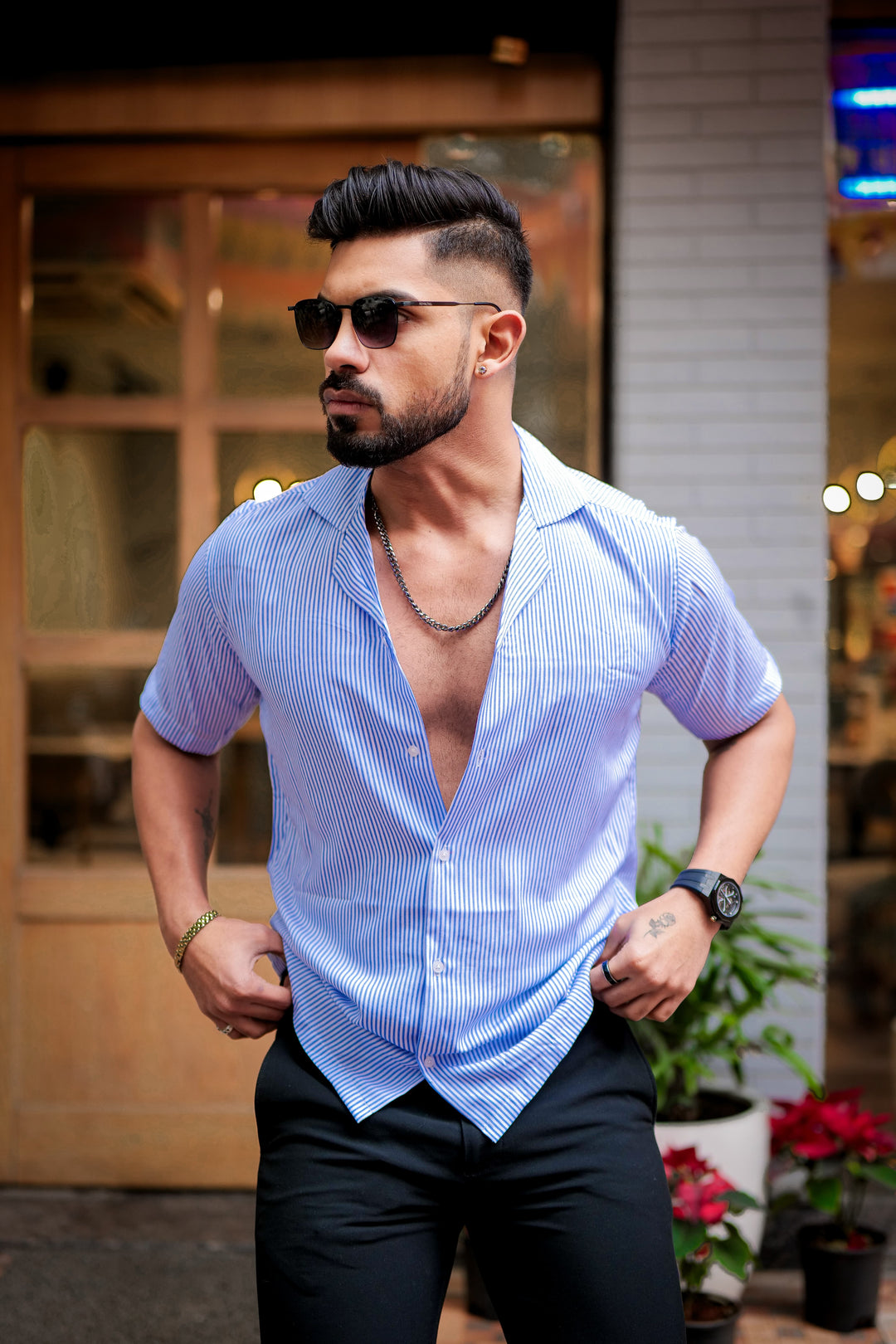 Manfinity Men Blue Striped Print Super Soft Premium Cuban Collar Half Sleeve Shirt