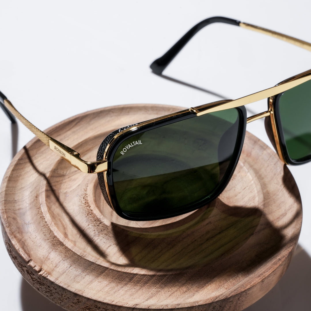 Mustsundia Green Glass and Gold Frame Square Nirvana Sunglasses