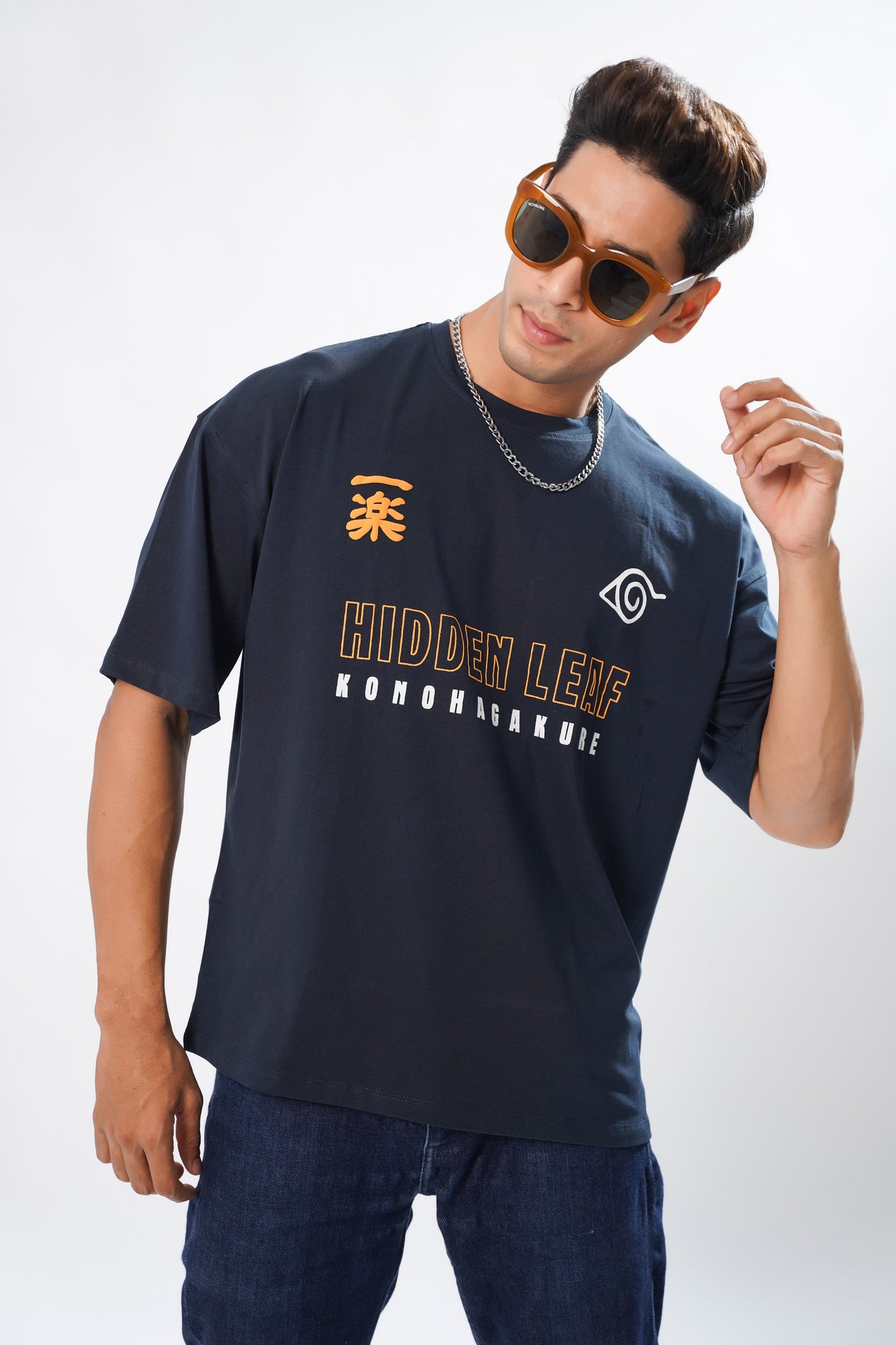 NAVY COTTON GRAPHIC PRINTED OVERSIZED T-SHIRT