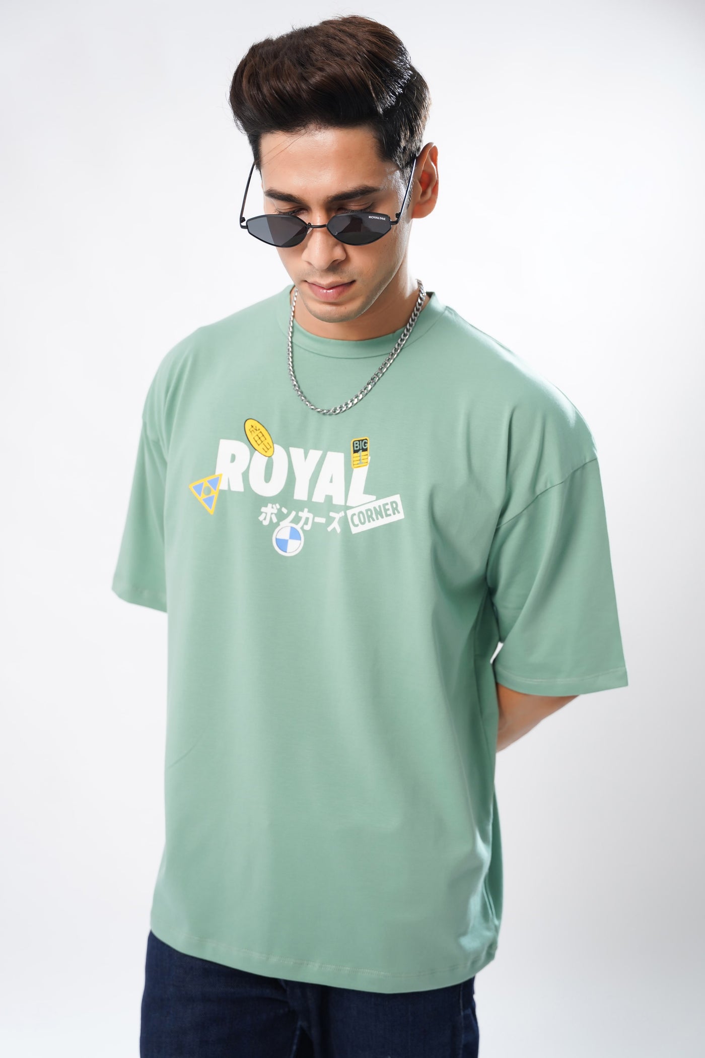FOLK TALES GREEN COTTON GRAPHIC PRINTED OVERSIZED T-SHIRT