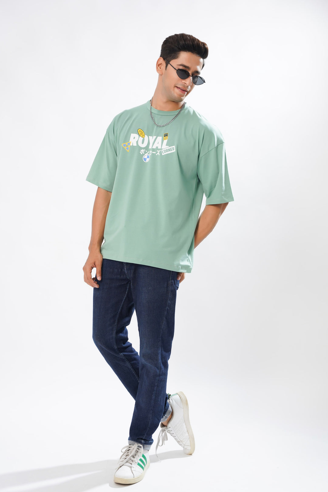 Folk Tales Green Cotton Graphic Printed Oversized T-shirt