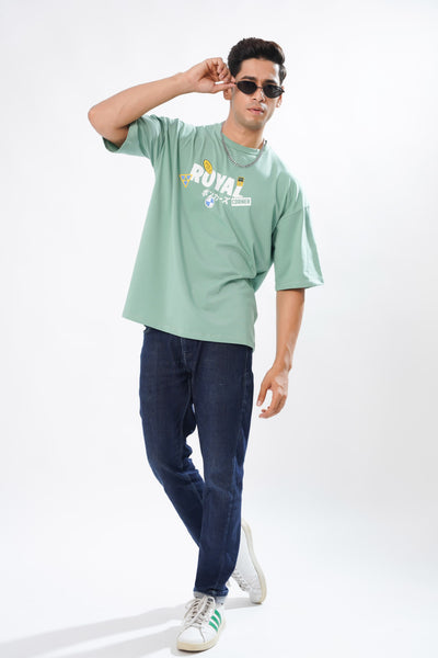 FOLK TALES GREEN COTTON GRAPHIC PRINTED OVERSIZED T-SHIRT