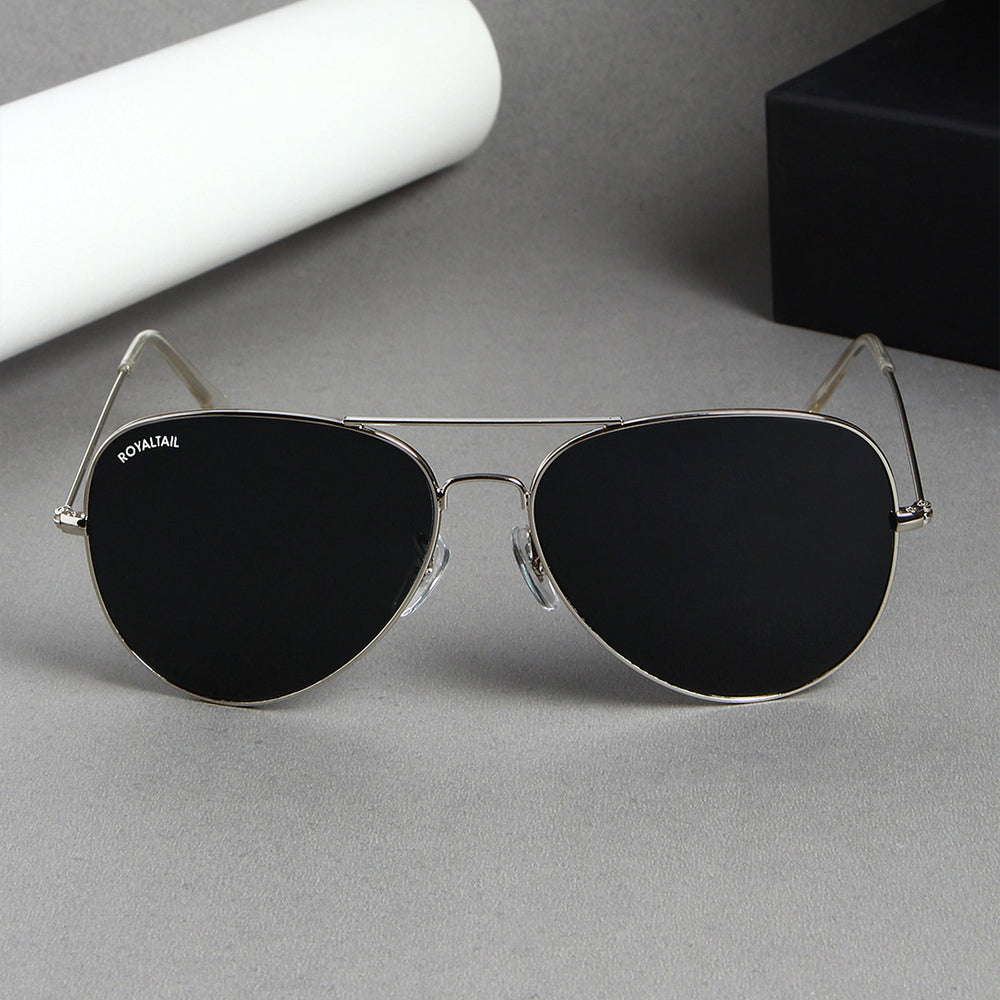 Aviator sunglasses for men and women, silver frame and black lenses
