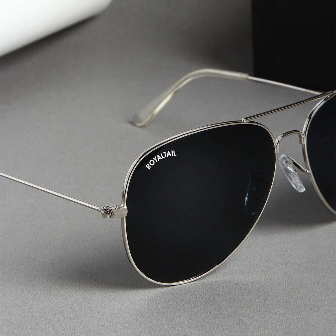 ROYALTAIL silver aviator sunglasses, black lens