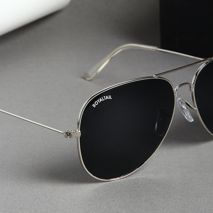 ROYALTAIL silver aviator sunglasses, black lens