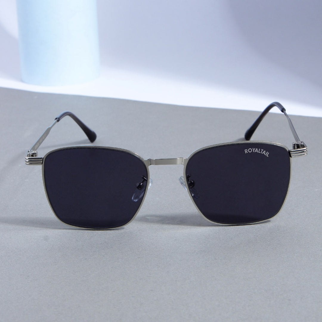 Metal square sunglasses for men and women, silver frame and black lenses