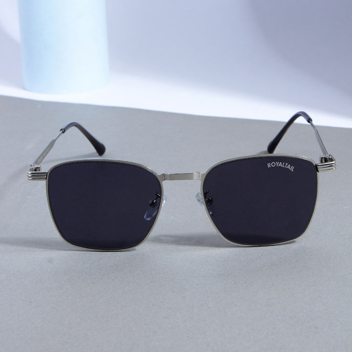 Metal square sunglasses for men and women, silver frame and black lenses