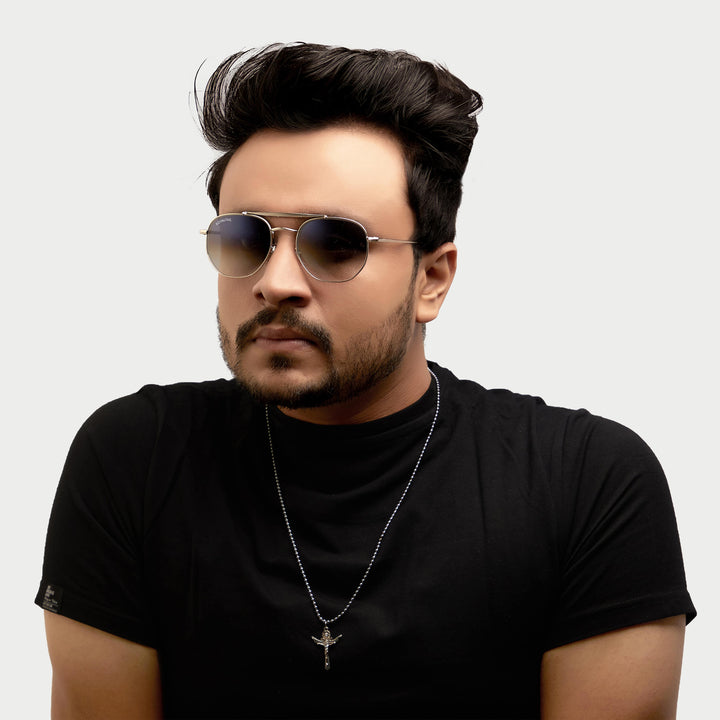 Silver round sunglasses with blue gradient lenses, photo 11