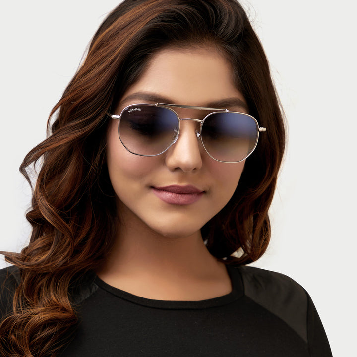 Silver round sunglasses with blue gradient lenses, photo 12