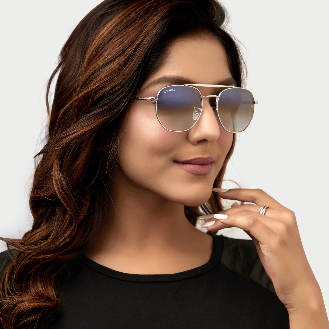 Round sunglasses for men and women, silver frame and blue gradient lenses