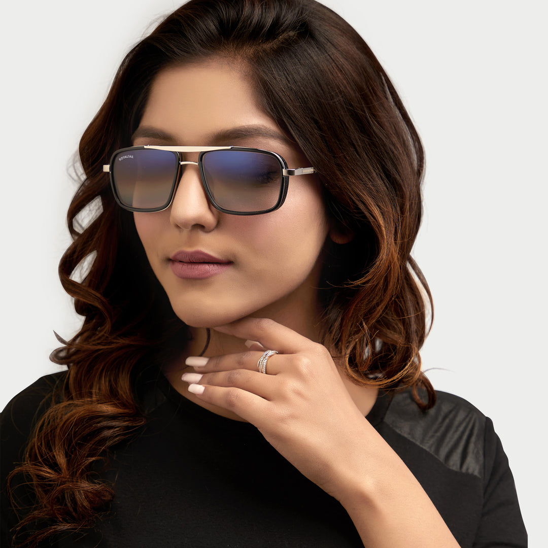 Silver square sunglasses with blue gradient lenses, photo 10