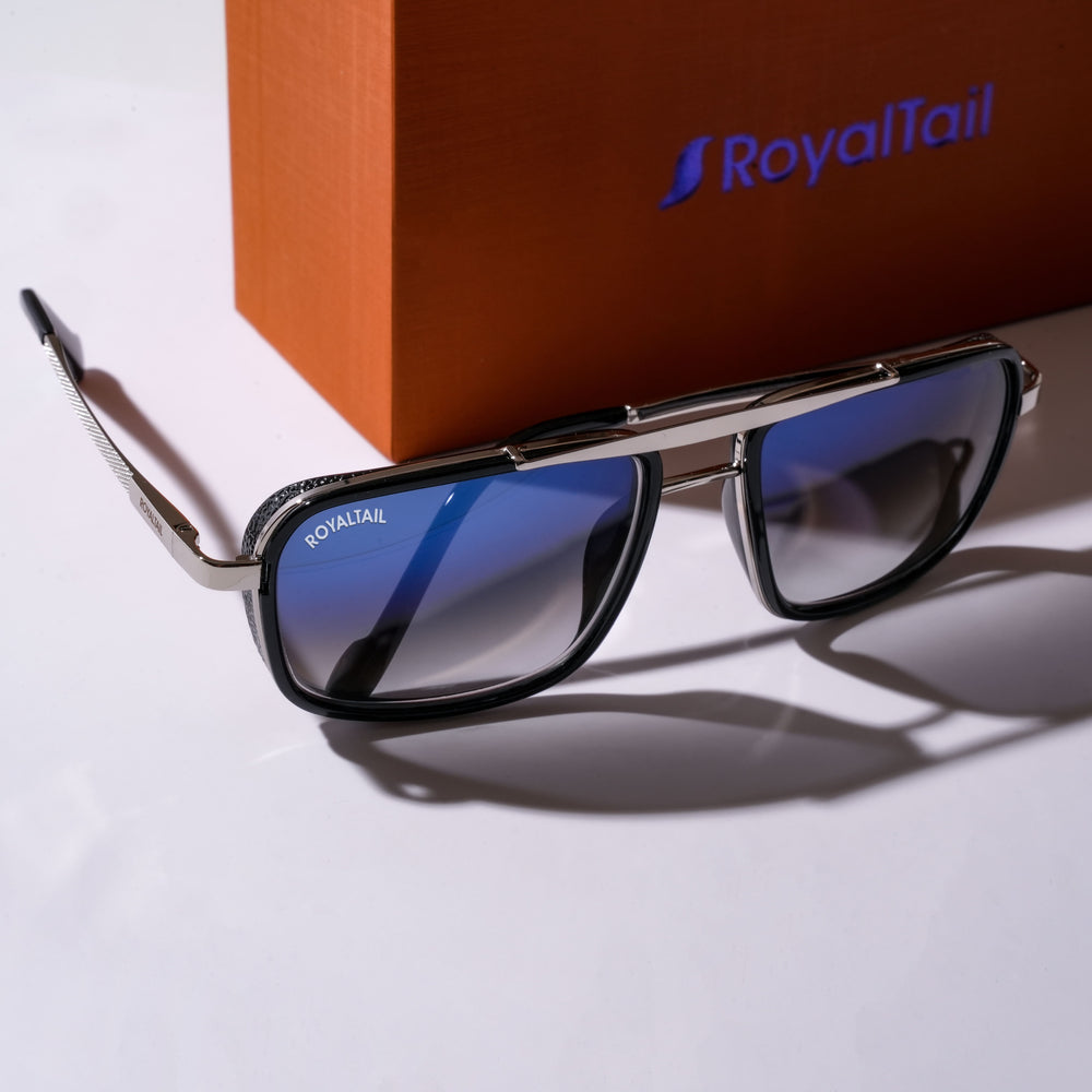 Square sunglasses for men and women, silver frame and blue gradient lenses