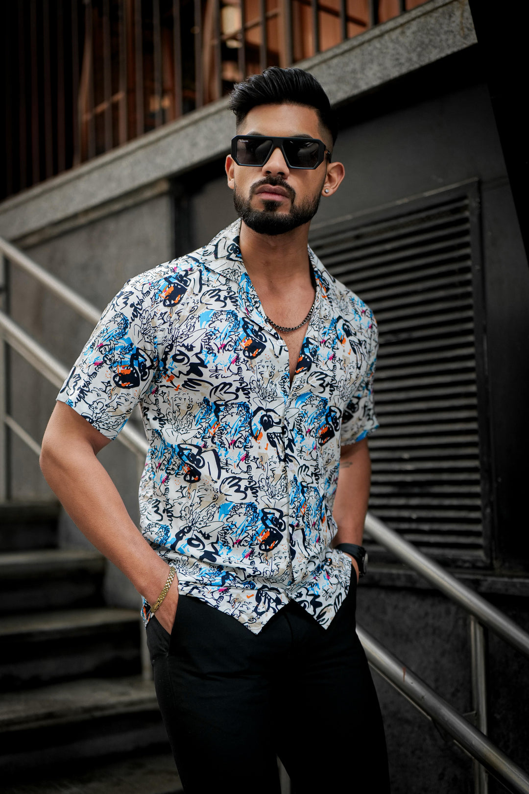 White & Black Abstract Rayon Cuban Collar Shirt for men – ROYALTAIL