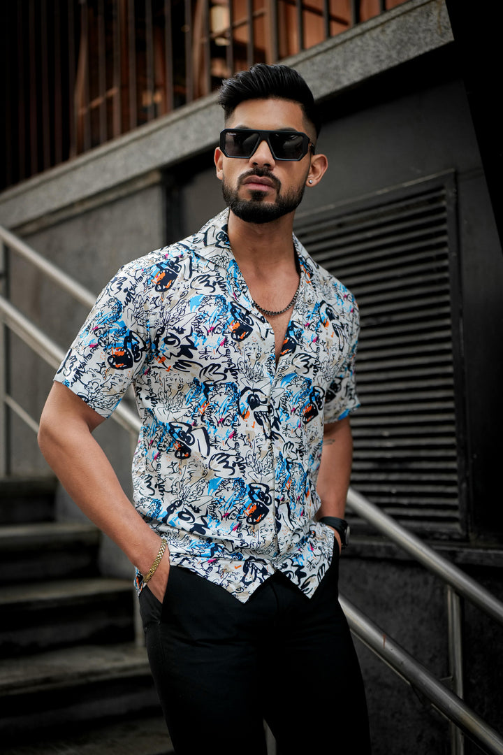 White & Black Abstract Rayon Cuban Collar Shirt for men – ROYALTAIL