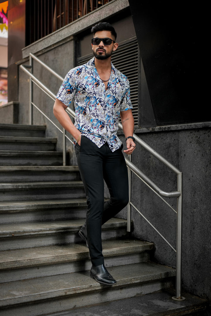 White & Black Abstract Rayon Cuban Collar Shirt by ROYALTAIL