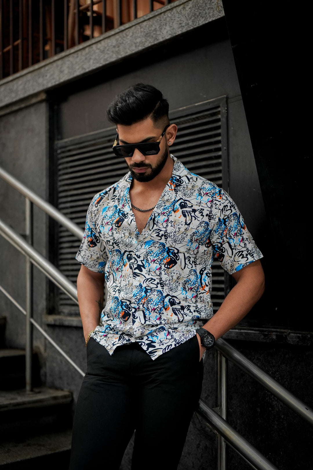 White & Black Abstract Rayon Cuban Collar Shirt for men, photo 4