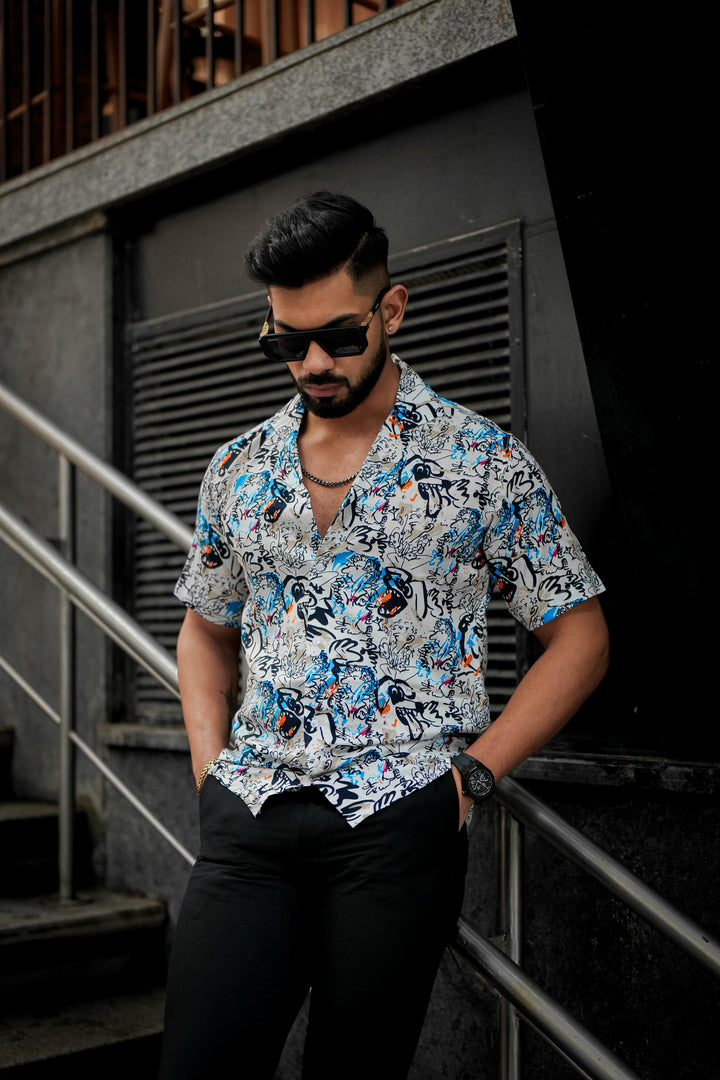 White & Black Abstract Rayon Cuban Collar Shirt for men, photo 4