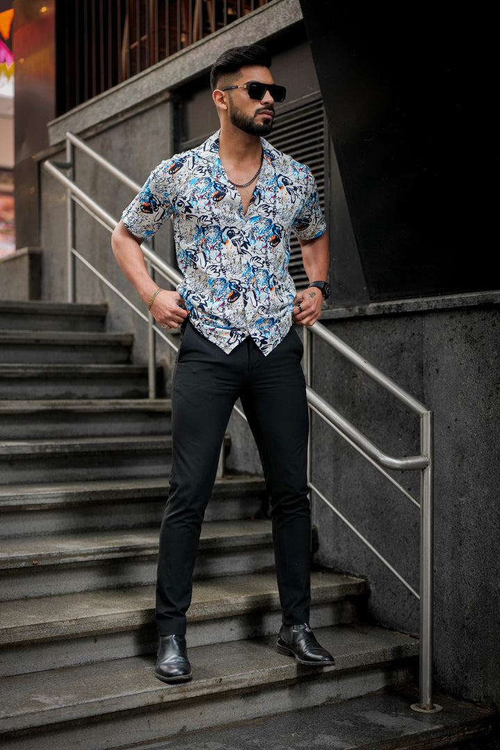 White & Black Abstract Rayon Cuban Collar Shirt for men, photo 5