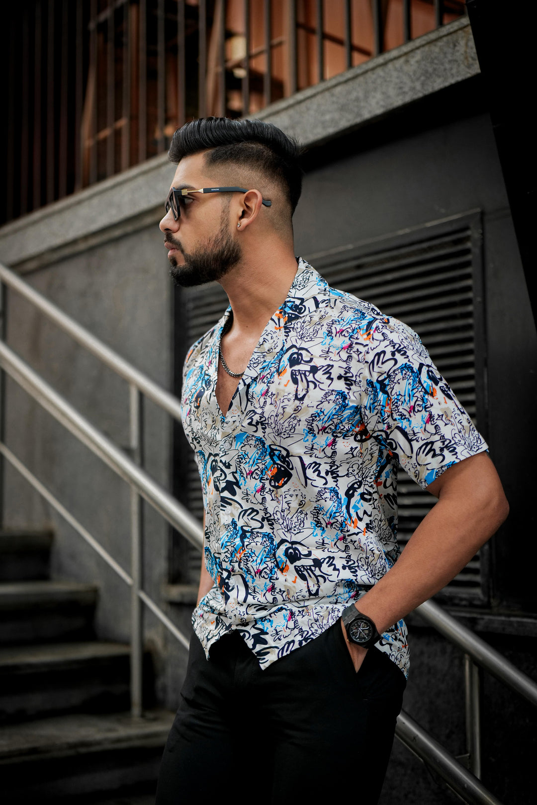 White & Black Abstract Rayon Cuban Collar Shirt for men, photo 6