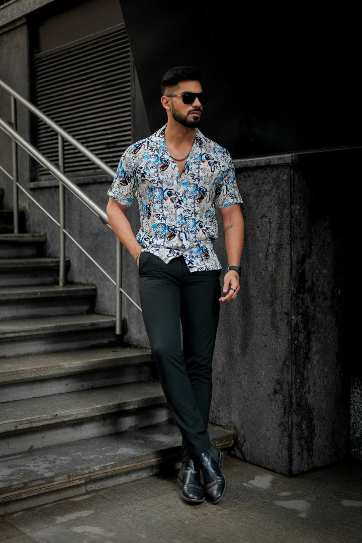 White & Black Abstract Rayon Cuban Collar Shirt for men, photo 7