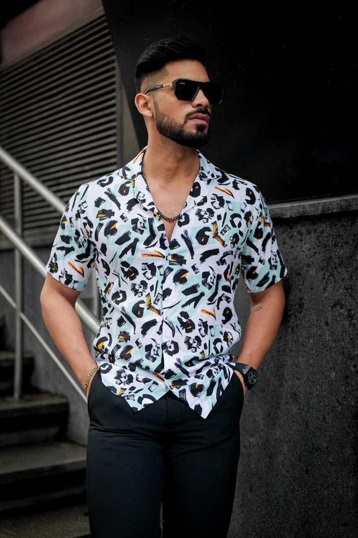 White & Black Multicolour Rayon Cuban Collar Shirt for men – ROYALTAIL