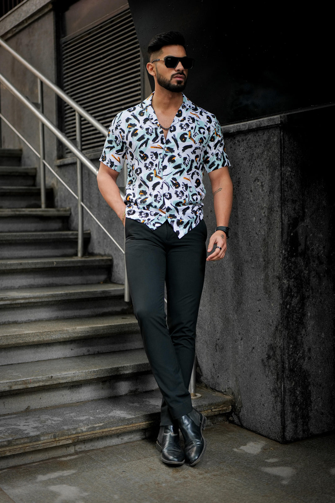 White & Black Multicolour Rayon Cuban Collar Shirt by ROYALTAIL