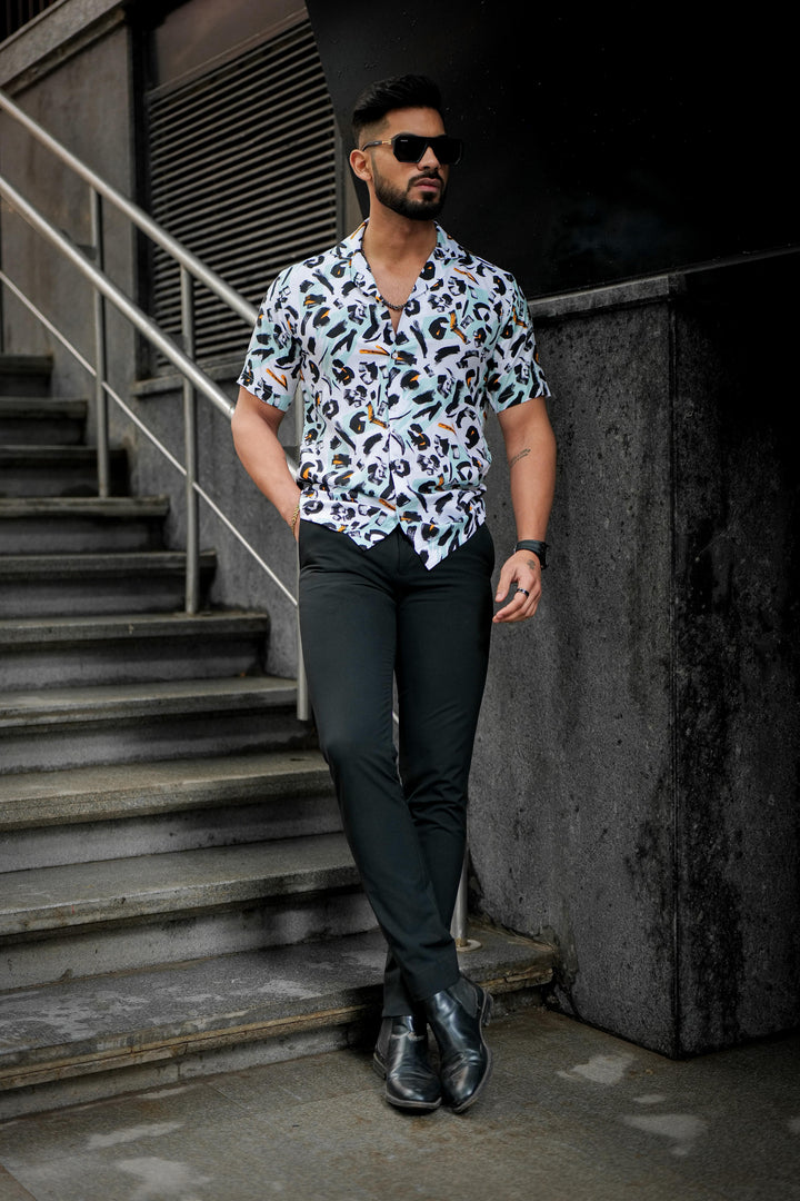 White & Black Multicolour Rayon Cuban Collar Shirt by ROYALTAIL