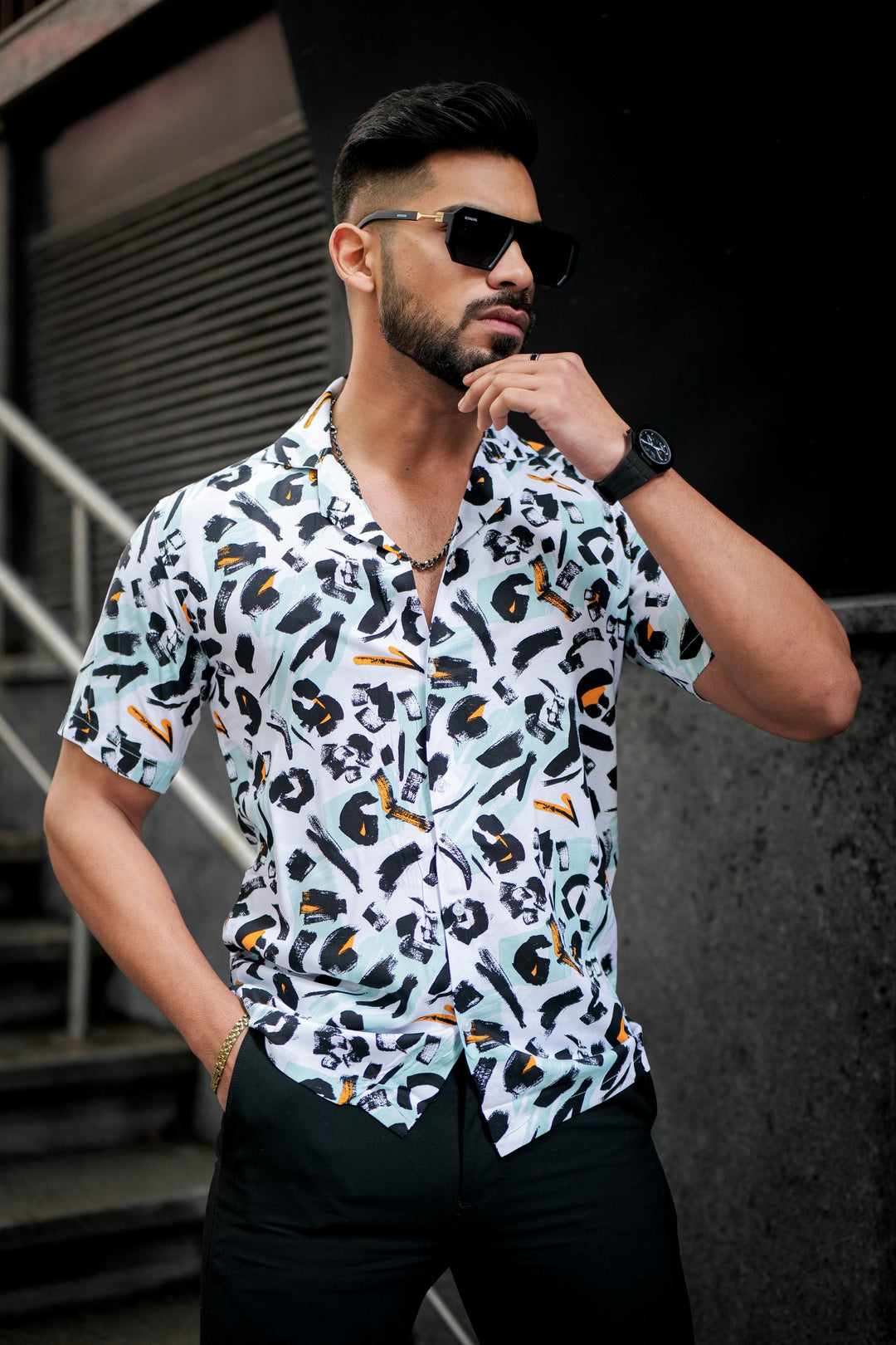 White & Black Multicolour Rayon Cuban Collar Shirt for men, photo 4