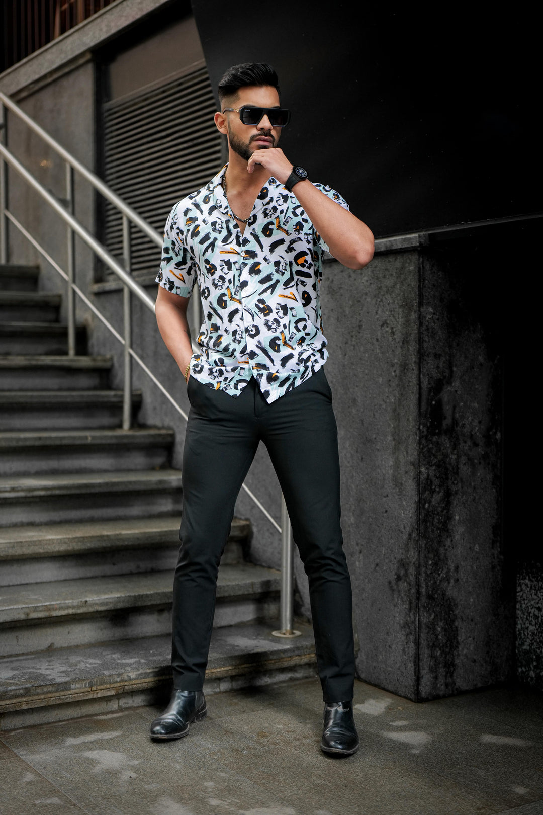 White & Black Multicolour Rayon Cuban Collar Shirt for men, photo 5