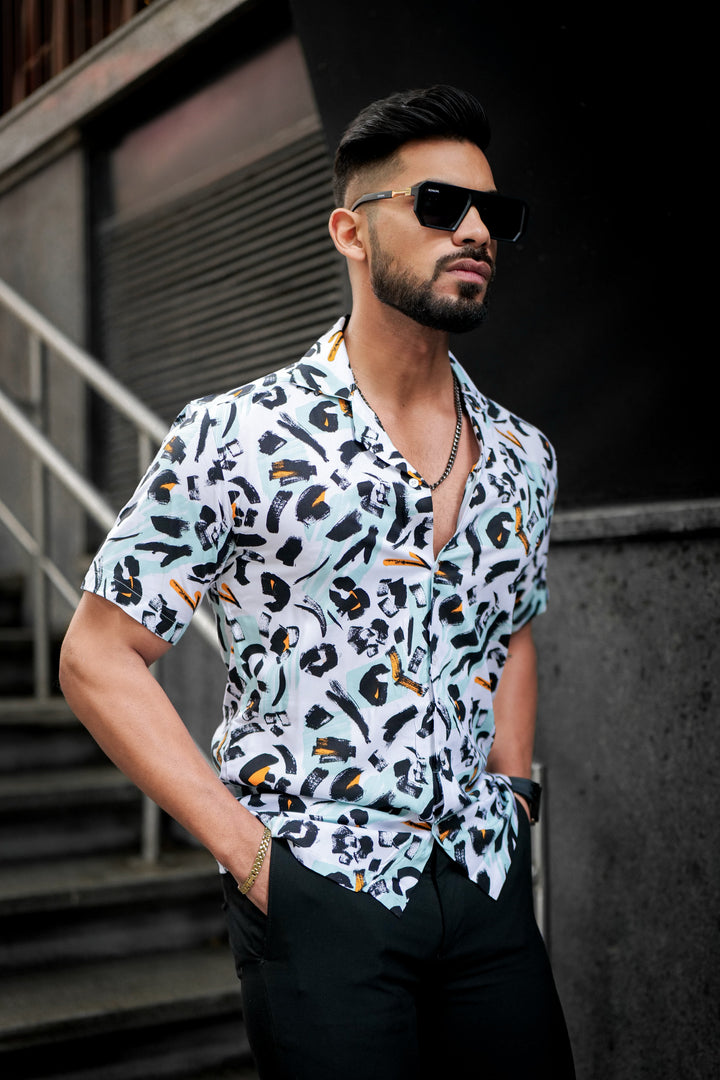 White & Black Multicolour Rayon Cuban Collar Shirt for men, photo 6