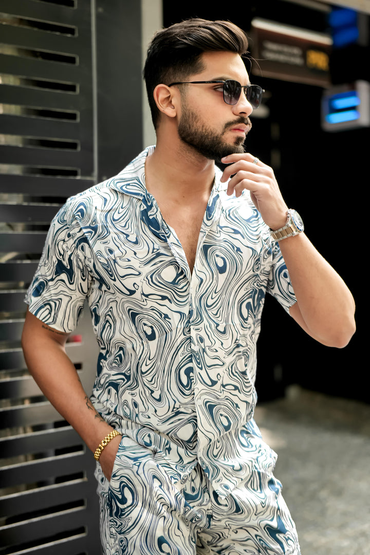 White & Blue Print Rayon Co-ord Set for men, photo 4