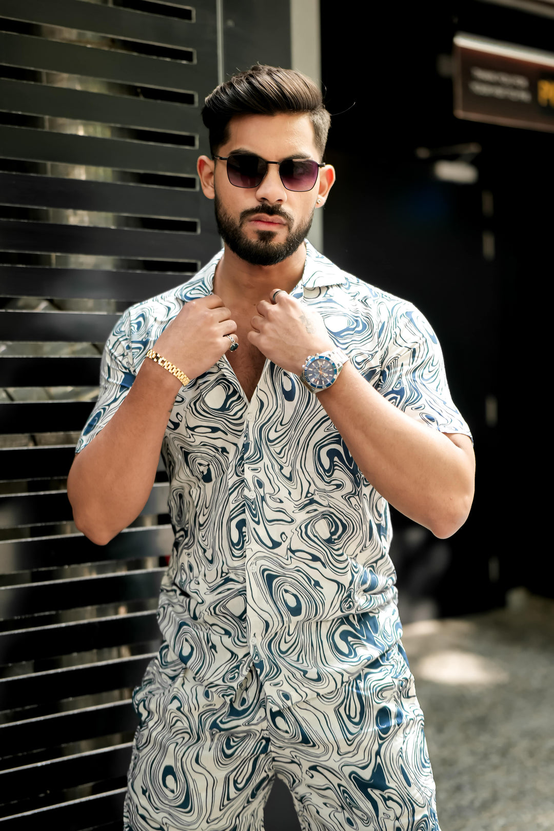 White & Blue Print Rayon Co-ord Set for men, photo 5