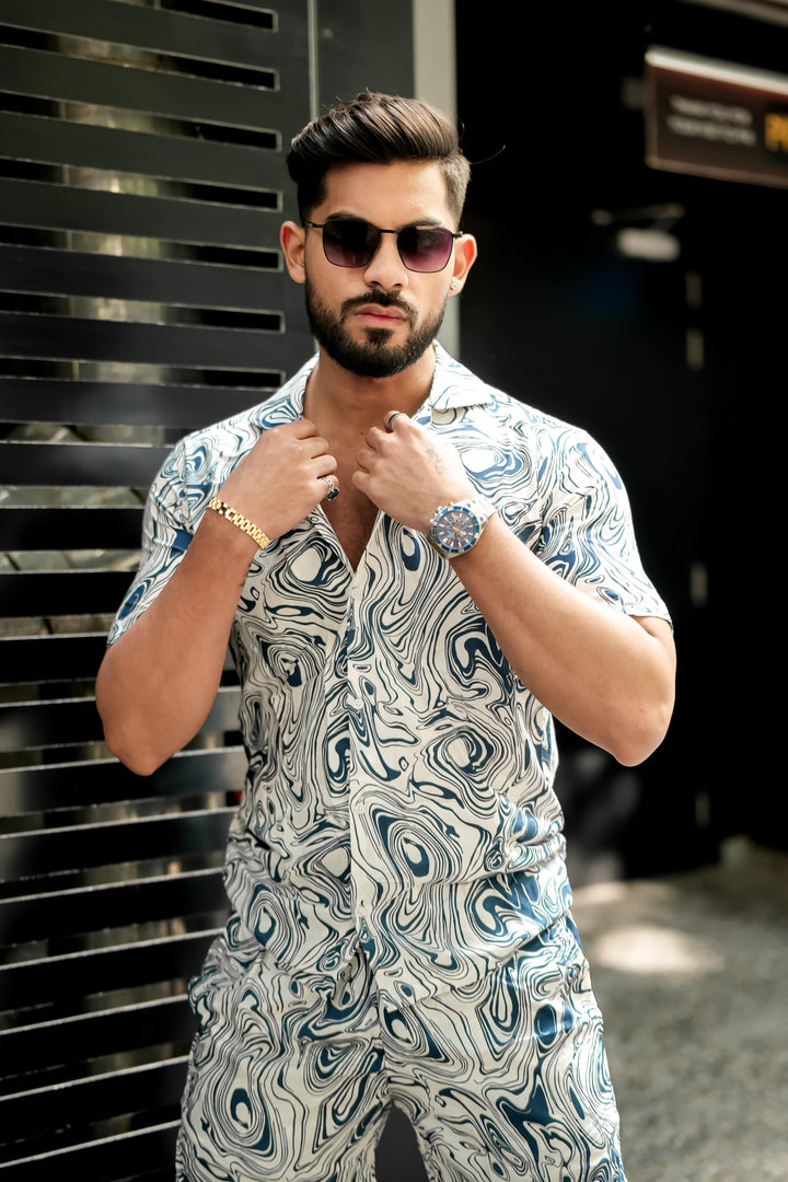 White & Blue Print Rayon Co-ord Set for men, photo 5