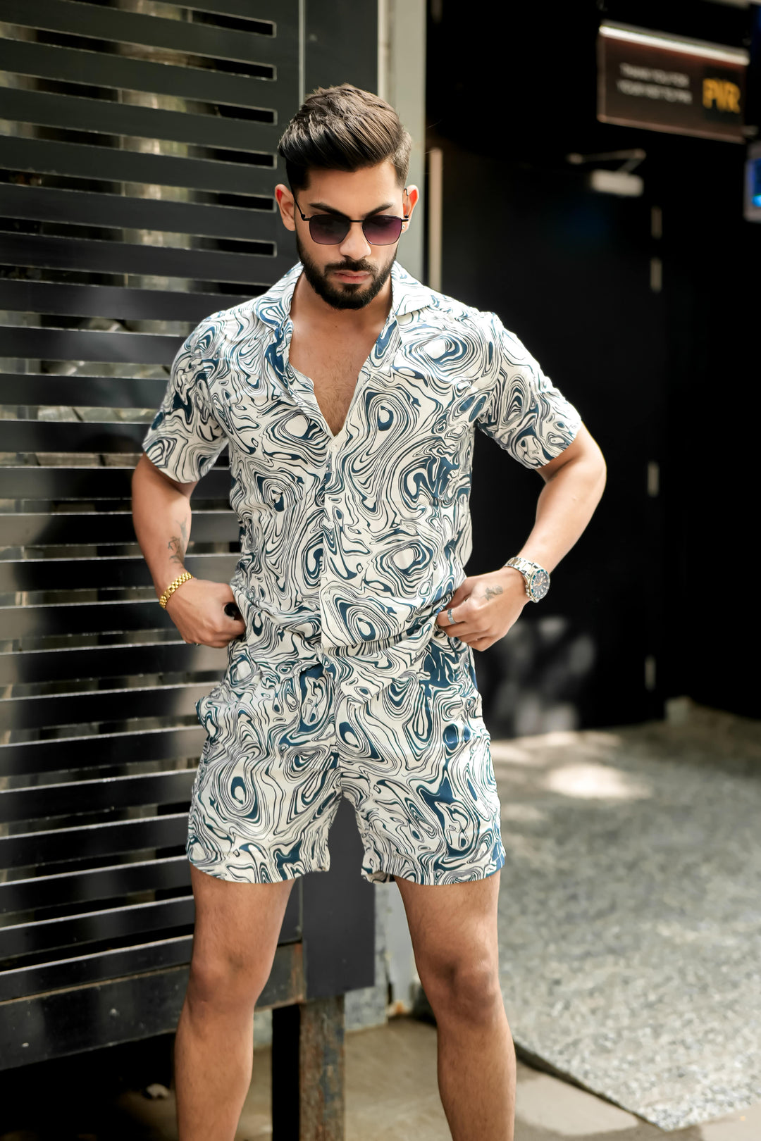White & Blue Print Rayon Co-ord Set for men, photo 6