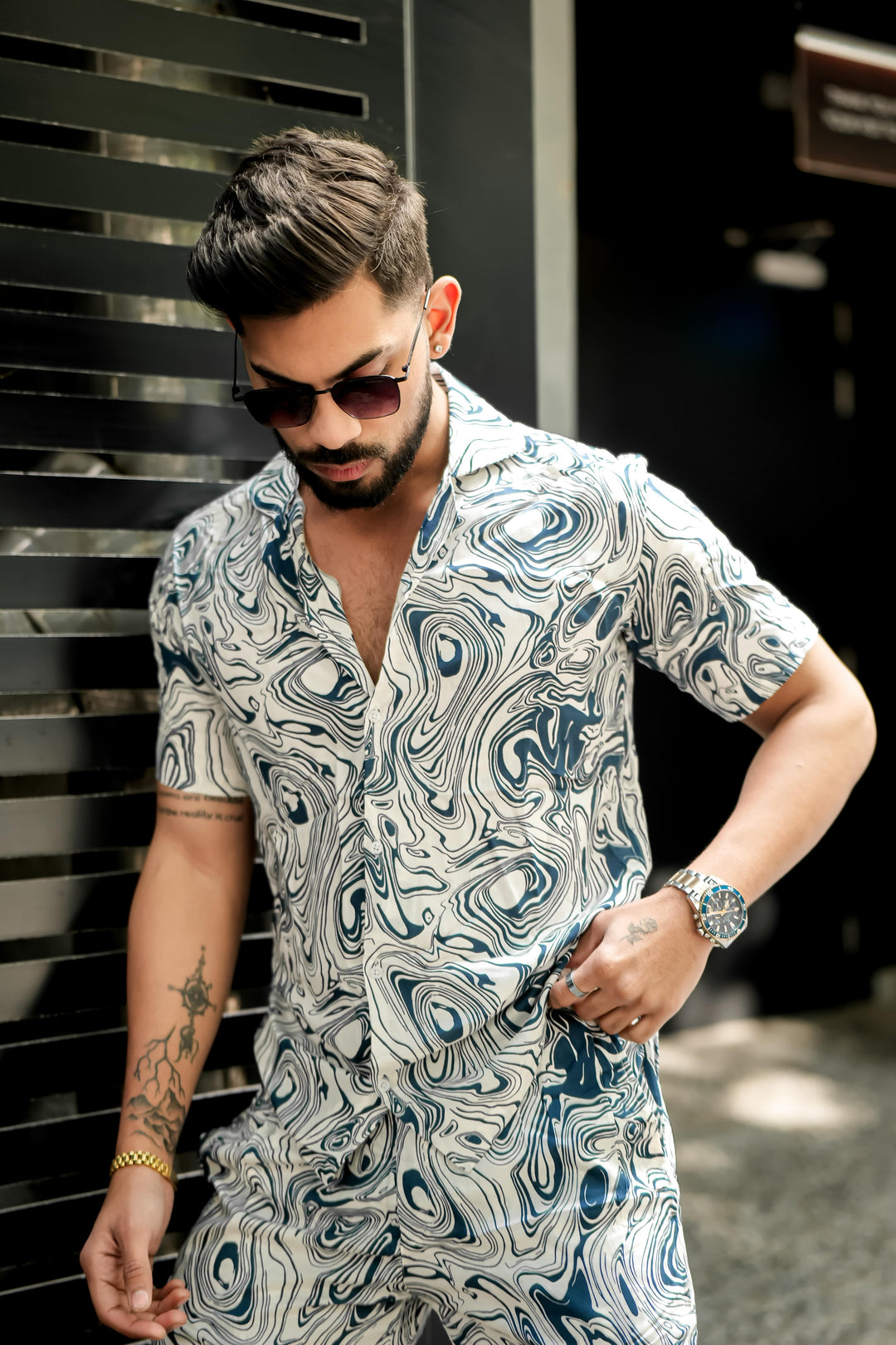 White & Blue Print Rayon Co-ord Set for men, photo 7