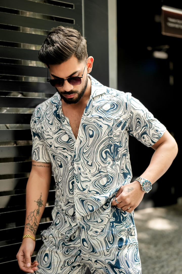 White & Blue Print Rayon Co-ord Set for men, photo 7