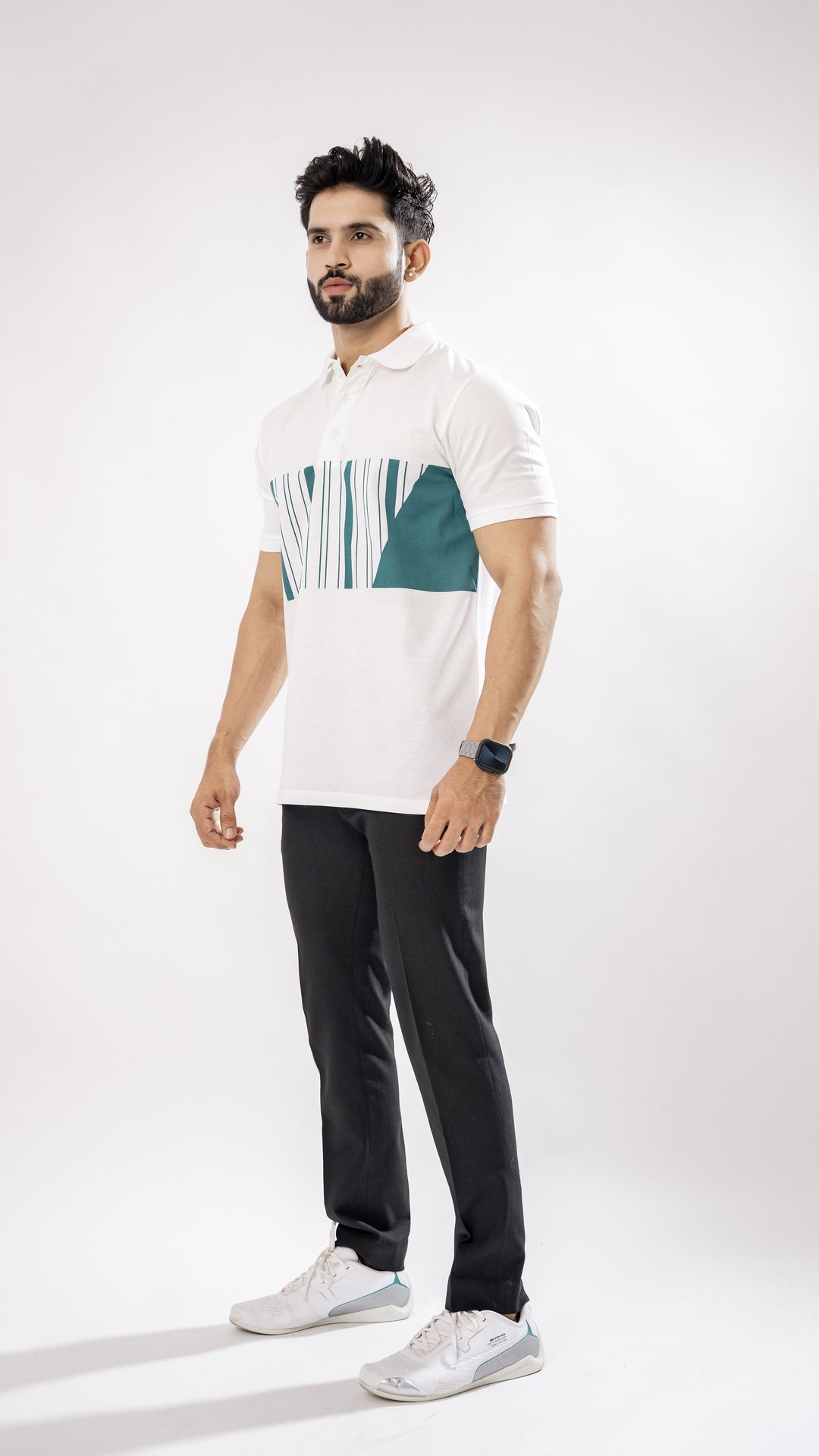 White & Green Pique Cotton Polo T-Shirt for men, photo 5