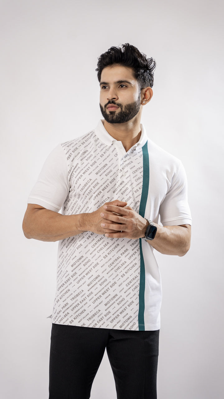 White & Green Textured Cotton Polo T-Shirt for men, photo 4
