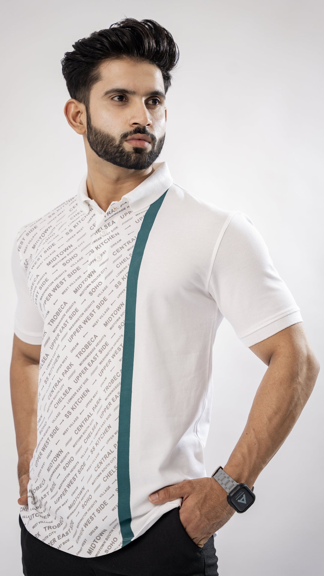 White & Green Textured Cotton Polo T-Shirt for men, photo 5