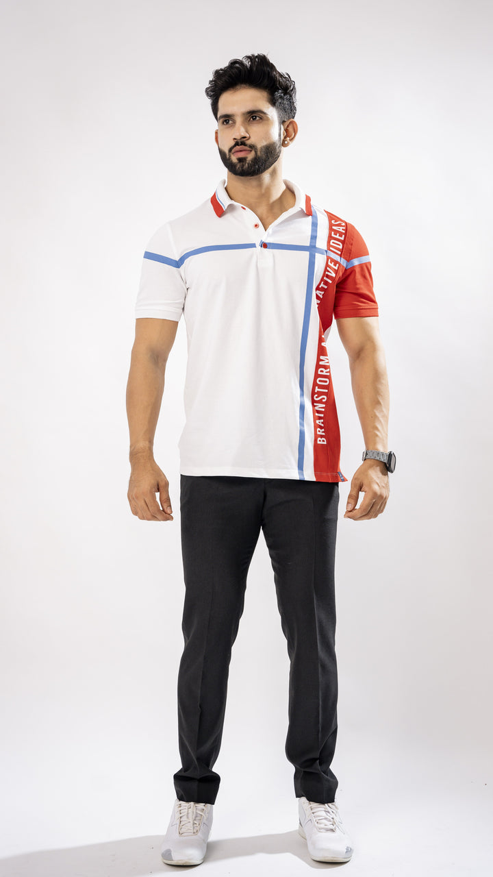 White & Red Textured Cotton Polo T-Shirt by ROYALTAIL