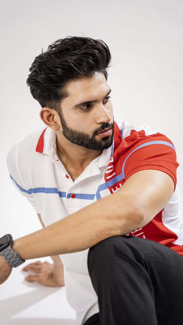 White & Red Textured Cotton Polo T-Shirt for men, photo 4