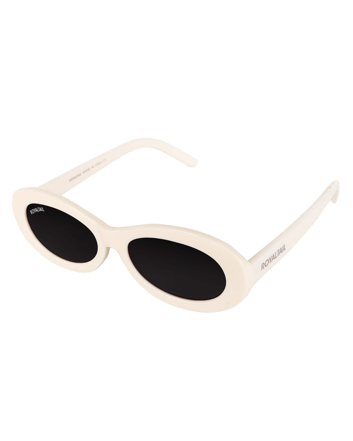 Narrow oval sunglasses for men and women, white frame and black lenses