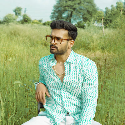 Turquoise Curved Printed Premium Designed Cotton Shirt - Royaltail