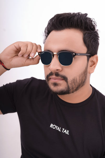 Black Glass and Gold Frame Rim Clubmaster Edition Sunglasses - Royaltail