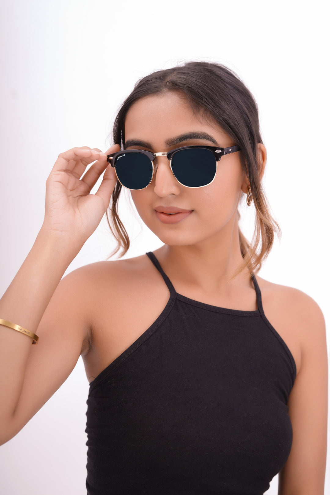 Gold browline sunglasses with black lenses, photo 5